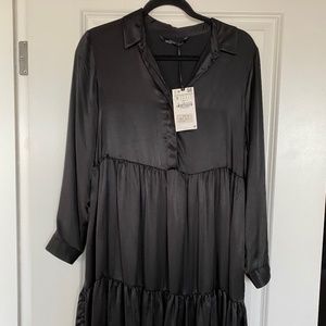 Zara Black Satin Tiered Dress